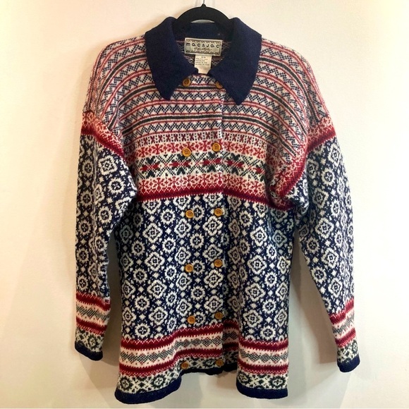 MAC & JAC Sz M 100% Wool Fair Isle Style Wooden Buttons Double Breasted Cardigan - Picture 1 of 8